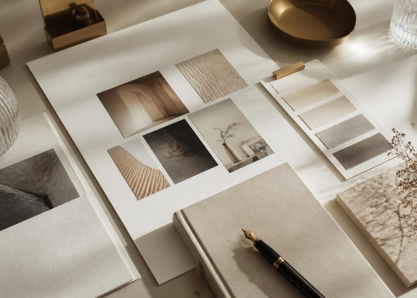 Editorial flat lay of brand collateral, paper swatches, and a fountain pen
